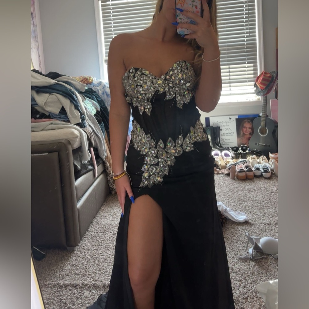 VIP Blue and Black Embellished Strapless Bodycon Dress